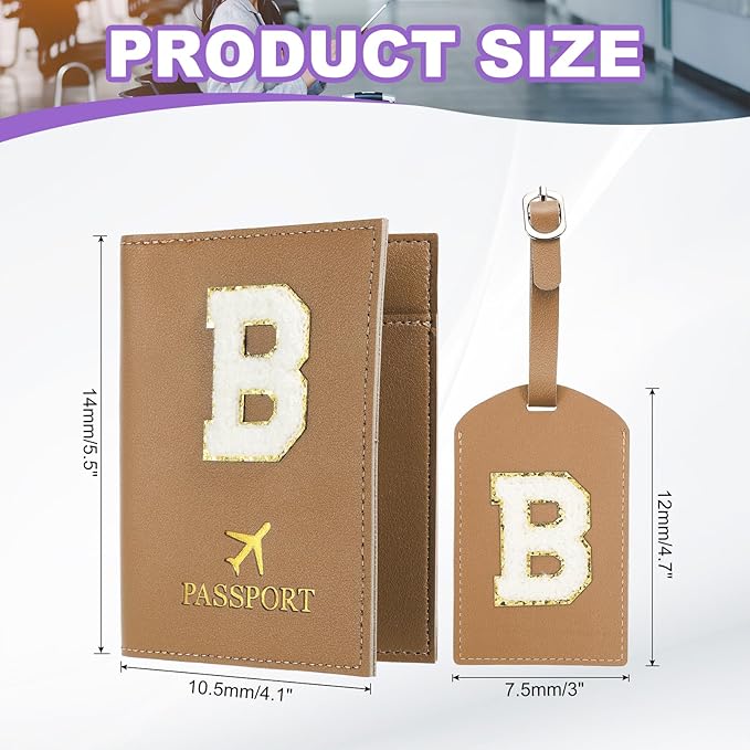 PATIKIL Passport Holder for Travel, Initial Passport Cover and Luggage Tag Set with Alphabet Chenille Letter Patch Travel Wallet Bag Suitcase Identifier for Women Family Travel Brown B