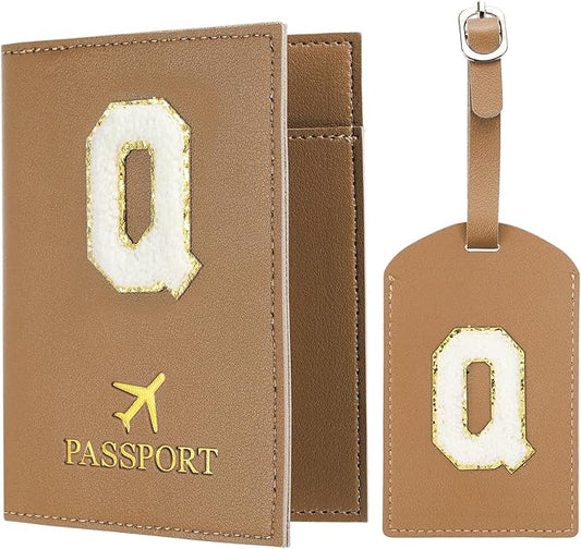 PATIKIL Passport Holder for Travel, Initial Passport Cover and Luggage Tag Set with Alphabet Chenille Letter Patch Travel Wallet Bag Suitcase Identifier for Women Family Travel Brown Q