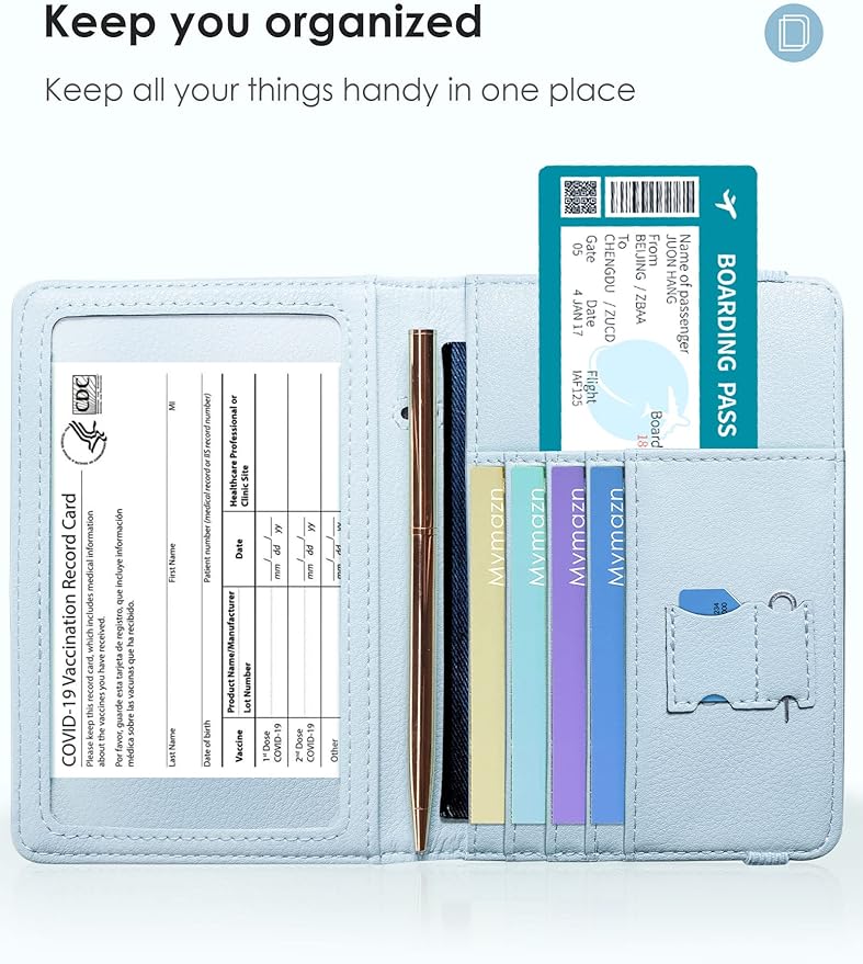 Mymazn Blue Passport Holder Women Passort Travel Wallet Vaccine Card Organizer Passport Case with Vaccination Card Holder with RFID Blocking Clear Pocket for Picture (blue)