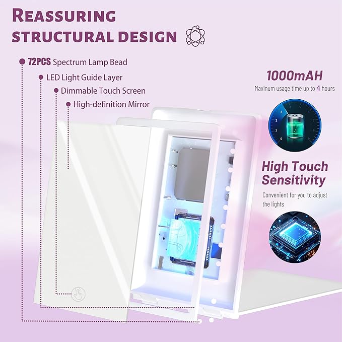 Travel Makeup Mirror with Lights Valentines Day Gifts for Her, Girlfriend, Wife, Birthday Gifts, Rechargeable Portable Compact Mirror, Lighted Makeup Mirror with 72 LEDs 3 Color Light Modes