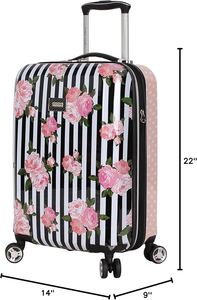 Betsey Johnson Designer 20 Inch Carry On - Expandable (ABS + PC) Hardside Luggage - Lightweight Durable Suitcase With 8-Rolling Spinner Wheels for Women (Stripe Roses)