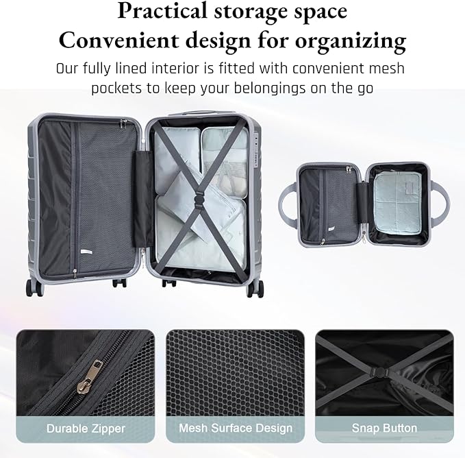 2-Piece ABS Hard Shell Lightweight Carry-On Luggage Set (14" & 20"), 360-Degree Spinner Wheels, Adjustable Telescopic Handle and Combination Lock for Travel, Silver