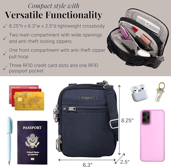 Baggallini Securtex® Anti-theft Mini Everything Crossbody Bag, 6.3"x8.25" Rfid, Locking Zippers & Cut-resistant Strap