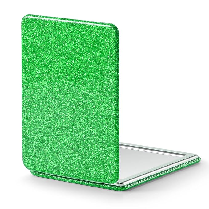 OMIRO Compact Mirror, Glitter PU Leather 1X/3X Magnification, Ultra Portable for Purses, 2.4" W x 3.4" L (Green)