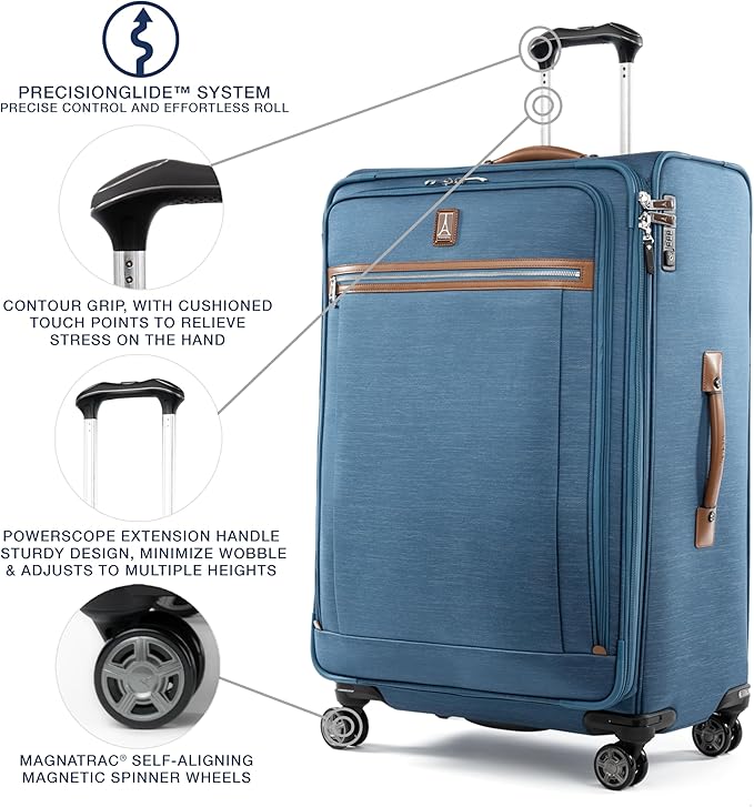 Travelpro Platinum Elite Softside Expandable Checked Luggage, 8 Wheel Spinner Large Suitcase, TSA Lock, Men and Women, Coastal Blue, Checked Large 29-Inch