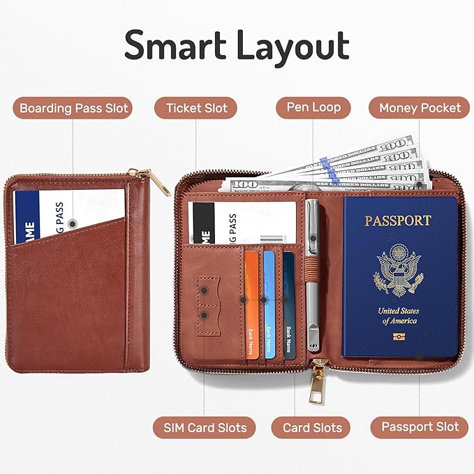 Forvencer Passport Holder Cover with Safe Zipper Closure, Premium Passport Wallet for Travel, Sleek RFID Blocking Card Case, Waterproof Travel Accessories for Men, Brown