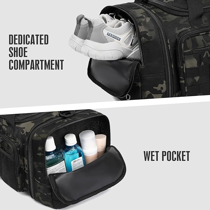 3 in 1 Tactical Gym Bag Backpack for Men 40-45L Expandable Travel Duffle Bag for Women Large Military Sport Duffel Bags Weekend Overnight with Shoe Compartment & Wet Pocket for Fitness, Camo