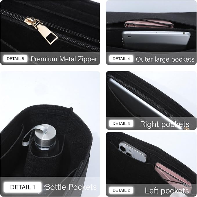 Premium Felt Purse Organizer Insert for Longchamp Le Pliage, Zipper Long Champ Bag Organizer Insert with Cup Holder, 9 Compartments