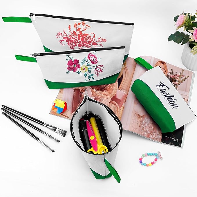 10 Pieces Cotton Canvas Makeup Bag with Bottom and Strap, Multi-Purpose Cosmetic Bag with Zipper Travel Toiletry Pouch, Blank DIY Craft Bag (White&Green, XS)