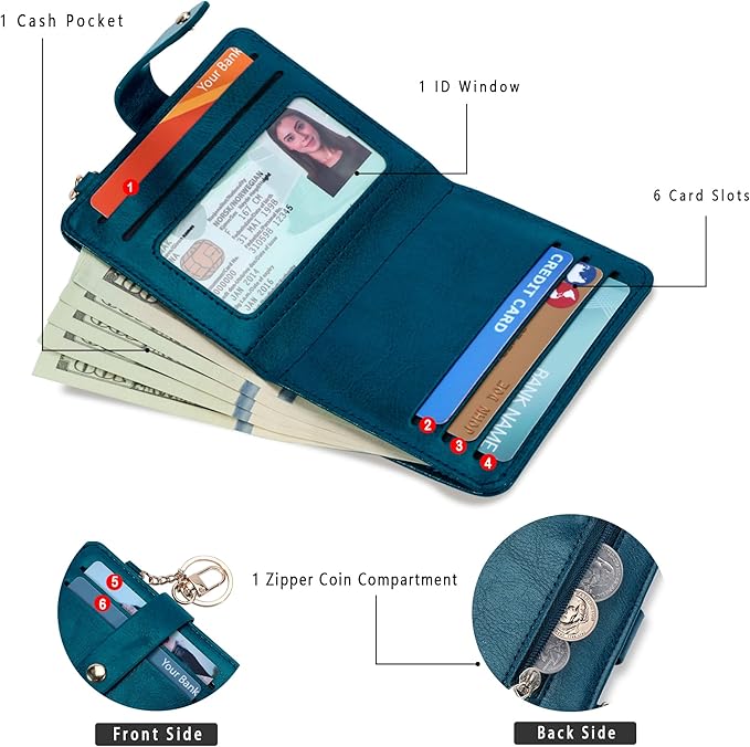 Airkit Small Wallets Woman RFID Blocking Leather Credit Card Holder - with ID Window - Card Wallets for Women - with Zipper Coin Purse - Keychain Wallet
