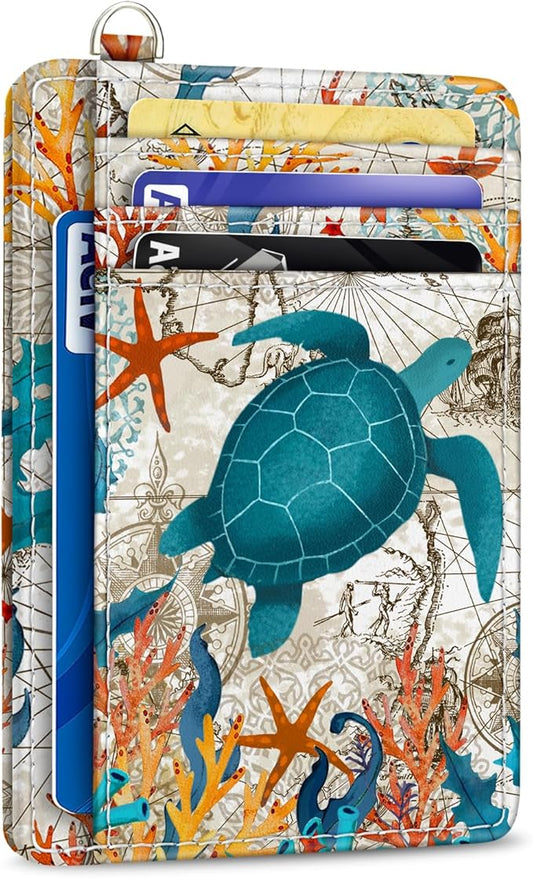 Yonlevres Credit Card Holder Slim Wallet, Sea Turtle RFID Wallet Women Front Pocket Small Card Holder Travel Cute Funny Thin Card Case ID Window PU Leather RFID Blocking Card Organizer Gifts Girls