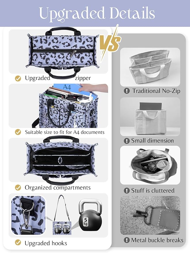 FIORETTO Canvas Tote Bag for Women with Zipper Closure & Individual Compartments for Work College for Teacher & Nurse