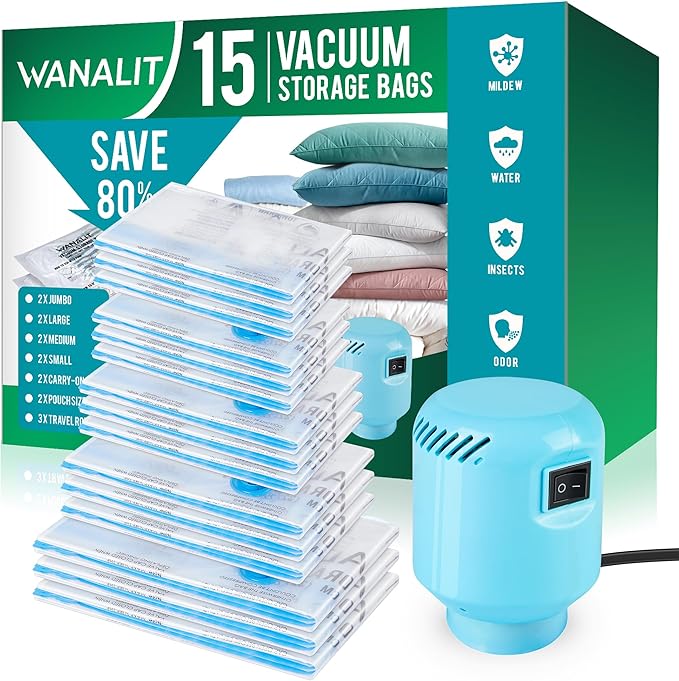 Vacuum Storage Bags with Electric Air Pump, New Air Valve Combo 15 Pack Compression Bag, Space Saving Vacuum Sealer Bags for Clothes, Blanket, Duvets, Pillows, Comforters, Travel, Two Compressing Ways