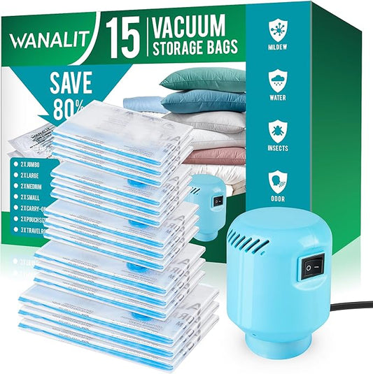 Vacuum Storage Bags with Electric Air Pump, New Air Valve Combo 15 Pack Compression Bag, Space Saving Vacuum Sealer Bags for Clothes, Blanket, Duvets, Pillows, Comforters, Travel, Two Compressing Ways