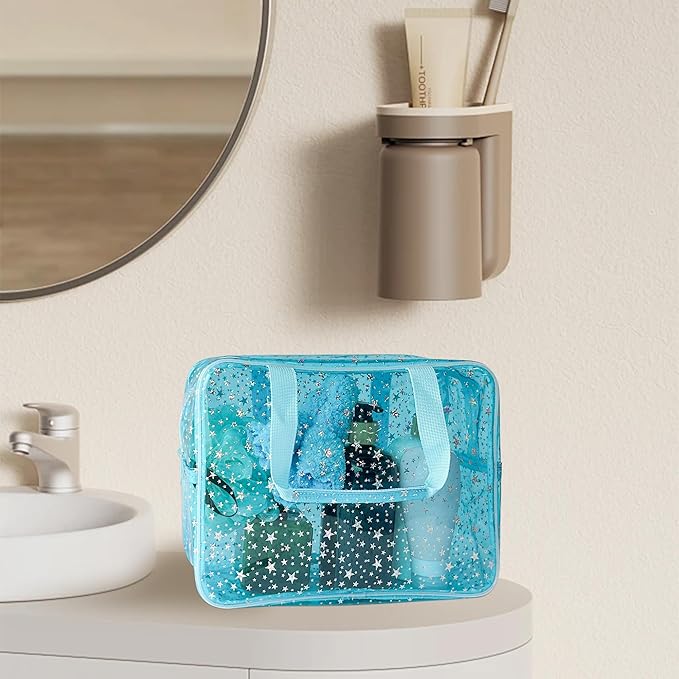 Holographic Star Large Light Blue Makeup Cosmetic Organizer Bag and Travel Pouch with Handle,Durable Material,Zipper Design-Ideal for Makeup,Travel Essentials (Blue)