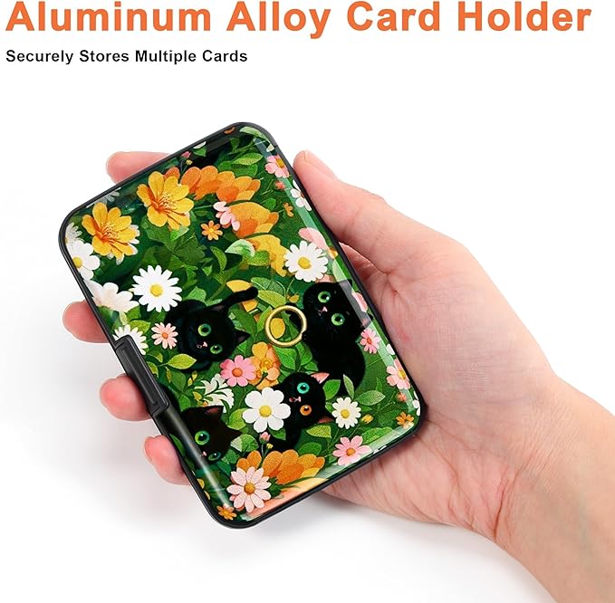 Mayski Credit Card Holder, RFID Blocking, Aluminum Alloy Hard Case, Small Mini Business Metal Wallet for Women Men, Black Cat Flower
