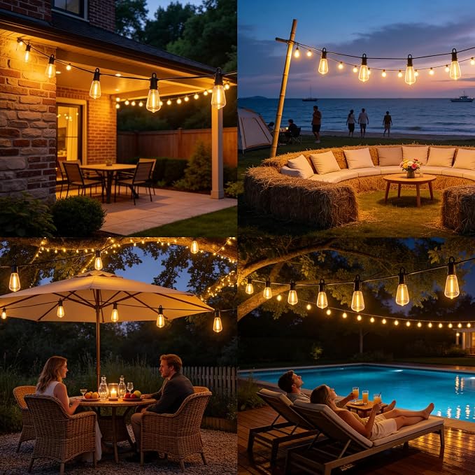 120FT Solar String Lights for Outside with 50+2 Shatterproof, Outdoor Light with Remote ST38 Vintage Edison Bulbs, Solar Lights Outdoor Waterproof Hanging Light for Outside Backyard