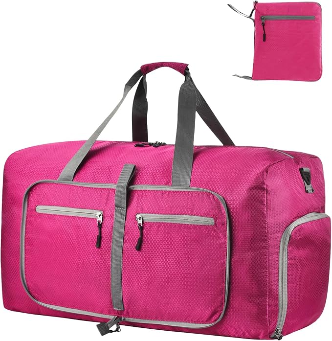 Dimayar Travel Duffle Bag for Men Women - Foldable Duffel Bag with Shoes Compartment - Overnight Bags Waterproof & Tear Resistant(65L,Fuchsine)