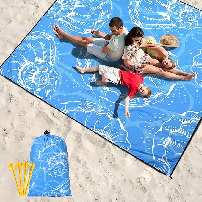 HIHOHO Beach Blanket Waterproof Sandproof Beach Mat 79”x 83” for 1-8 Adults Quick Drying Durable Outdoor Picnic Mat for Beach Festival Travel Camping Hiking (Conch Shell-BL, 79"×83"(4 Person))