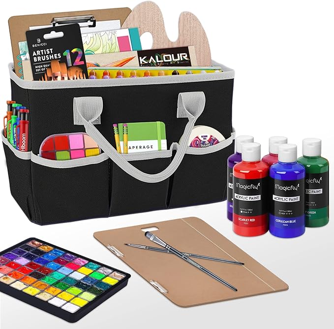 Godery Desktop Tote and Stock Organizer, Teacher Helper Tote Bag Organization for Arts, Books, Stationery, Office Desk Organizer, Make-up Storage Tote with Handles for Travel, Black