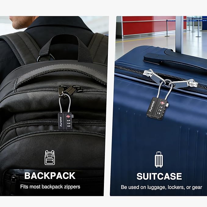 Puroma TSA Locks for Luggage, 4 Pack Cable Lightweight Luggage Locks TSA Approved 4-Digit Combination Padlock for Suitcases, Bags, Toolboxes, Backpacks & Gym Lockers (Black)