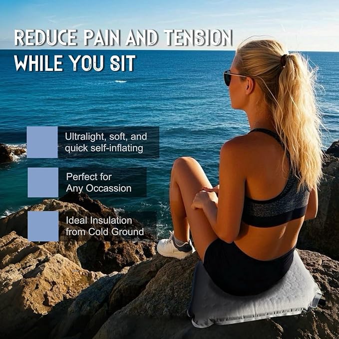 Inflatable Seat Cushion Lightweight Self-Inflating Memory Foam Cushion for Stadium Camping Bleachers Airplane Travel Waterproof Portable Blow Up,Gray