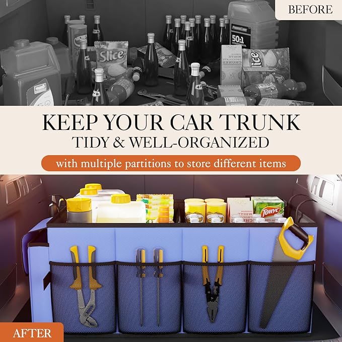 HOTOR Large-Capacity Trunk Organizer - Foldable for SUVs & Sedans, Sturdy Organization for Car Accessories, Tools, Sundries, Blue, 2 Compartments, US11032 | Foldable, Sturdy Organization, for Car Accessories, Tools, Sundries, US11032