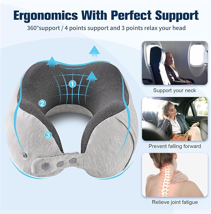 Neck Pillow for Traveling, Travel Pillows for Airplanes,100% Pure Memory Foam Travel Neck Pillow, Adjustable Flight Pillow, Portable Plane Accessories with Eye Mask, Earplugs, Carry Bag