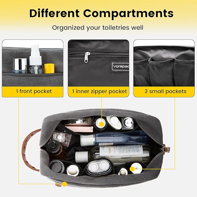 Vorspack Travel Toiletry Bag - Hanging Toiletry Bag for Men Water Resistant Canvas Shaving Bag with Large Capacity for Travel - Light Grey (Pack of 2)