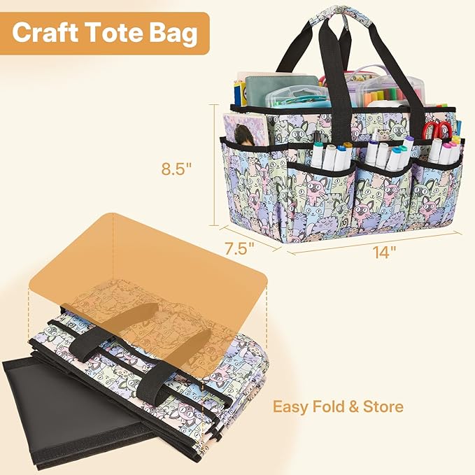 Craft Organizer Tote Bag, Art Organizer, Craft Caddy with Multiple Pockets, Storage Bag for Sewing Tools, Art Supplies, Home and Office (Cat Print)