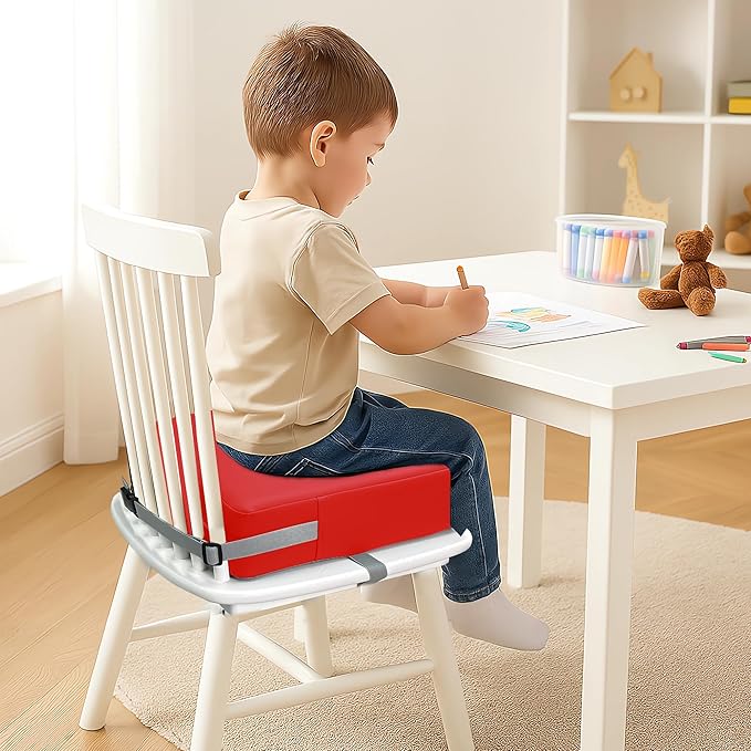 Toddler Booster Seat Dining Table Kitchen Chair, Waterproof Anti-Scratch PU Cushion, Non-Slip Bottom, Adjustable Buckle Straps, Easy Clean Portable Seat Cushion (Red)
