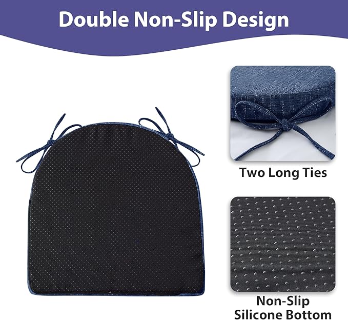 Chair Cushions for Dining Chairs with Ties and Removable Cover, Dining Kitchen Chair Pads with Non-Slip Bottom, High-Resilience Indoor Seat Cushions, 16'' x 16'' x 2'', Set of 2, Navy