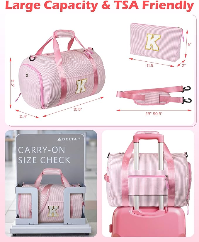 Dance Gift for Little Girl, Girls Travel Duffle Bag, Kids Initial Duffel Bags with Shoe Compartment, Personalized Weekender Bag with Makeup Pouch, Cute Present for Toddler (Letter W)