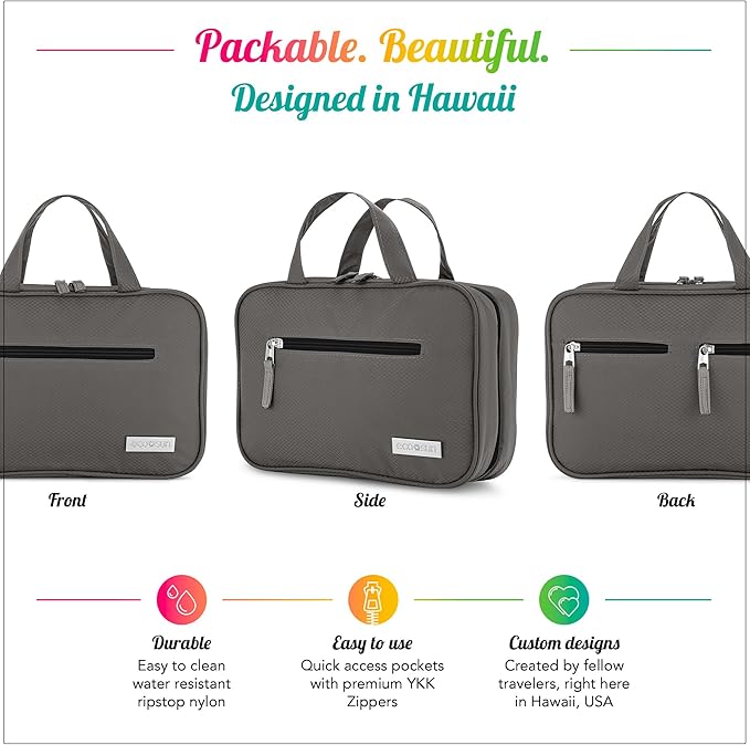 Eco Sun Hanging Travel Toiletry Bag — Designed in Hawaii — Water-resistant Travel Organizer for Bathroom Accessories (Grey)
