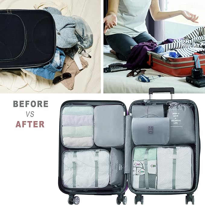 Packing Cubes, 8 Pcs Travel Packing Organizers for Suitcases, Large Capacity Travel Luggage Organizers Set includes 8 Storage Bags for Women or Men (Grey)