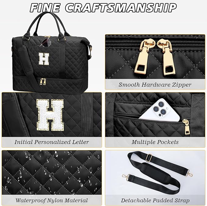 Gifts for Women Girls Initial Travel Duffle Bag Quilted Weekender Bags Carry-On Overnight with Cosmetic Bag, Gym Bag with Shoe Compartment, Black H
