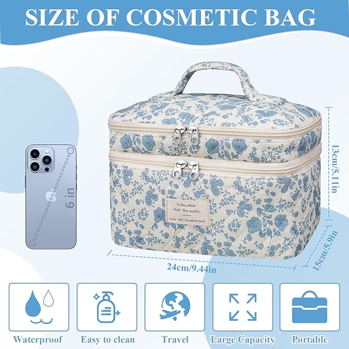 Makeup bag, Large Cosmetic Bag for Women Girls, Cute Quilted Makeup Bags, Floral Coquette Aesthetic Toiletry Bag, Travel Make Up Organizer Bag (Blue Bow)