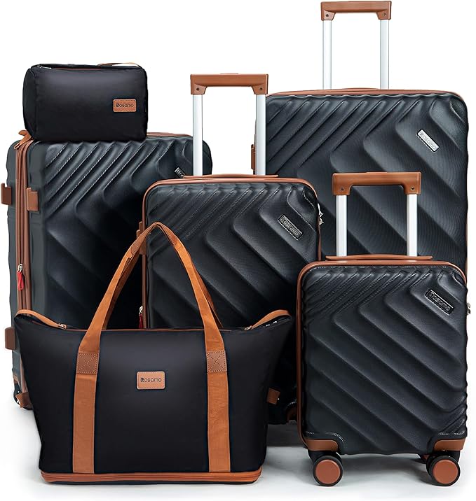 6 piece Luggage Set Expandable Suitcase 22x14x9 Airline Approved Carry on, ABS Hard Case Suitcases with Spinner Wheels, TSA Lock, (Black)