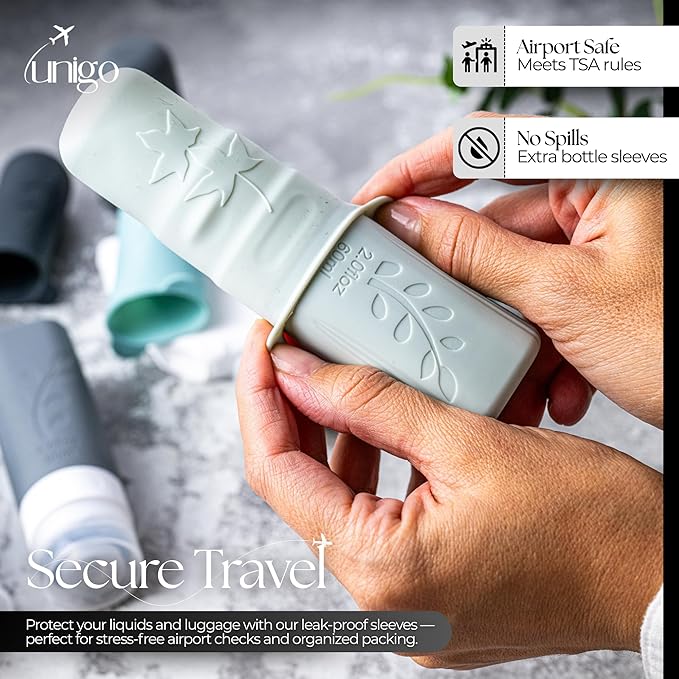 unigo 30 PACK Travel Bottles Set for Toiletries - Leakproof Refillable Travel Size Containers, TSA Approved Bottles with Labels, Brush & Covers for Carry-On Travel