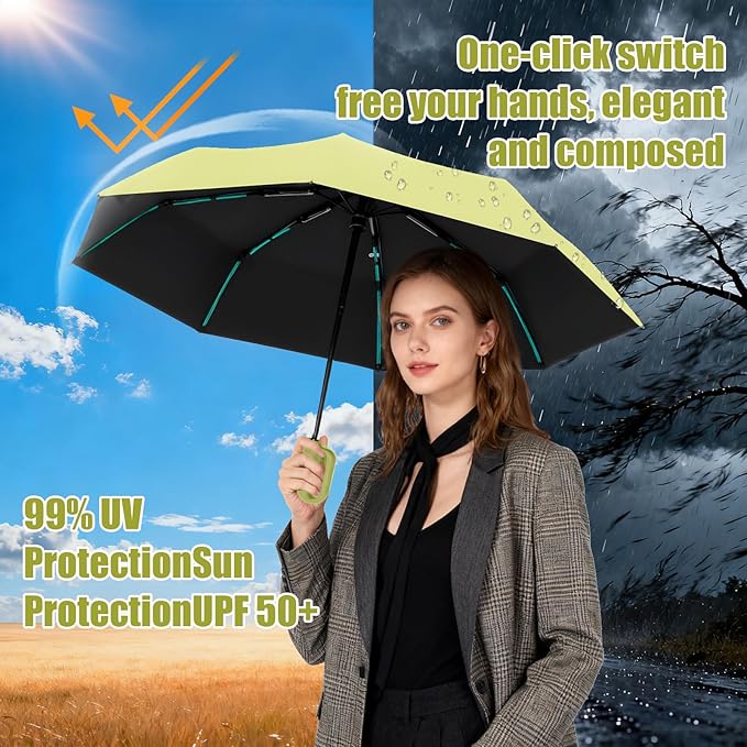 Compact Automatic Folding Travel Umbrella-Windproof Rainproof, PF50+ Sun Protection for Hiking,Outdoor,Chool,Golf Course & Daily Use,Sturdy Multi-Ribbed Frame