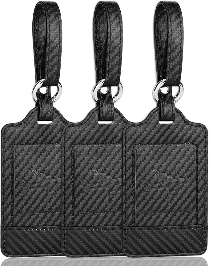 3 Pack Luggage Tags - Quick Install, Privacy Protection, Airplane Travel Essentials for Suitcases, Durable Leather - Carbon Fiber Black
