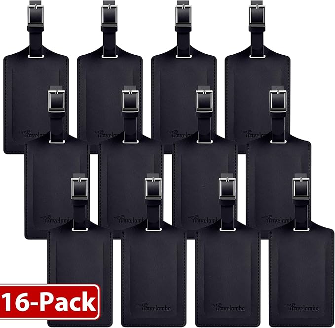 Travelambo 16 Pack Luggage Tags for Suitcases Privacy Protection Bag Tags Faux Leather Travel Accessories Essential, Black