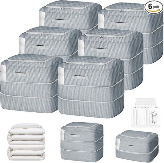 Comforter Storage Bag - 110L Large Capacity Blanket Storage Bags 2-Layer Ultra Space Saving Self Compression Organizer, Washable Compression Bags for Storage Comforter Blanket, 6-Pack, Grey