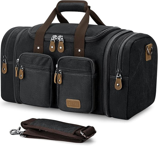 Gonex Canvas Duffle Bag for Travel, Expandable Water Resistant 60L Carry on Duffel Overnight Weekender Gym Bag with Wet Dry Separation Pocket & Suitcase Handle Sleeve, Dark Grey
