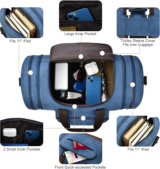 Litvyak Duffle Bag for Travel, Large 60L Canvas Travel Duffel Bags Overnight Weekend Gym Carry On Luggage Bag for Men & Women(Blue)