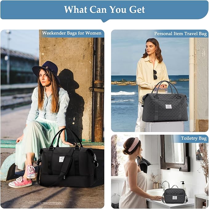 Weekender Bags for Women,Travel Duffle Overnight Bag with Shoe Compartment,Personal Item Carry On Bag,Black,Large,3 Pcs Set
