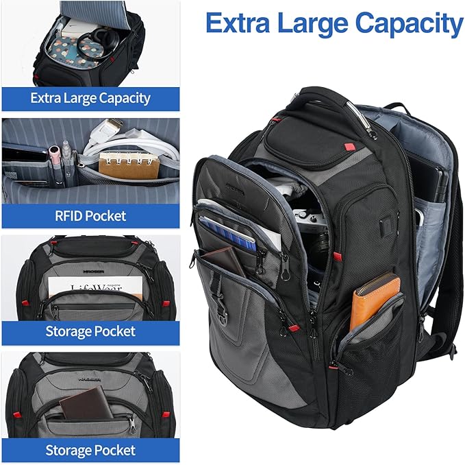 KROSER Friendly Travel Laptop Backpack 17.3 inch XXXL Gaming Backpack Water-Repellent College Daypack Business Backpack with RFID Pockets & USB Port for Men/Women-Black/Grey