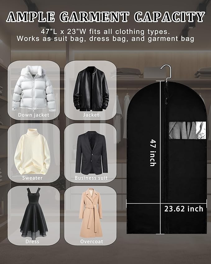 47-Inch Garment Bags for Hanging Clothes, Clear Window Dust-Proof Suit Bags for Suits Coats Dresses - Closet Storage & Travel Garment Covers (Black)
