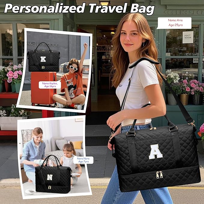 Gifts for Women Girls Birthday Initial Travel Duffle Bag Quilted Weekender Bags Carry-On Overnight with Make up Bag, Hospital Bag for Women Labor Delivery, Black O