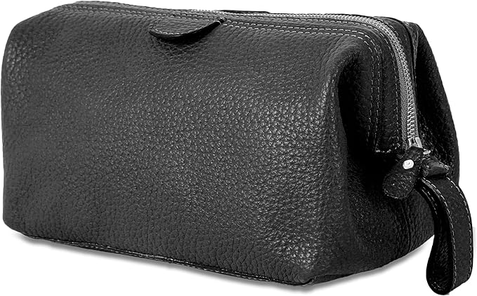 KomalC Premium Buffalo Leather Toiletry Bag for Men & Women With Water resistant Lining, Grooming Travel Pouch, Unisex Wash Bag for Toiletries, Gifts for Men and Women